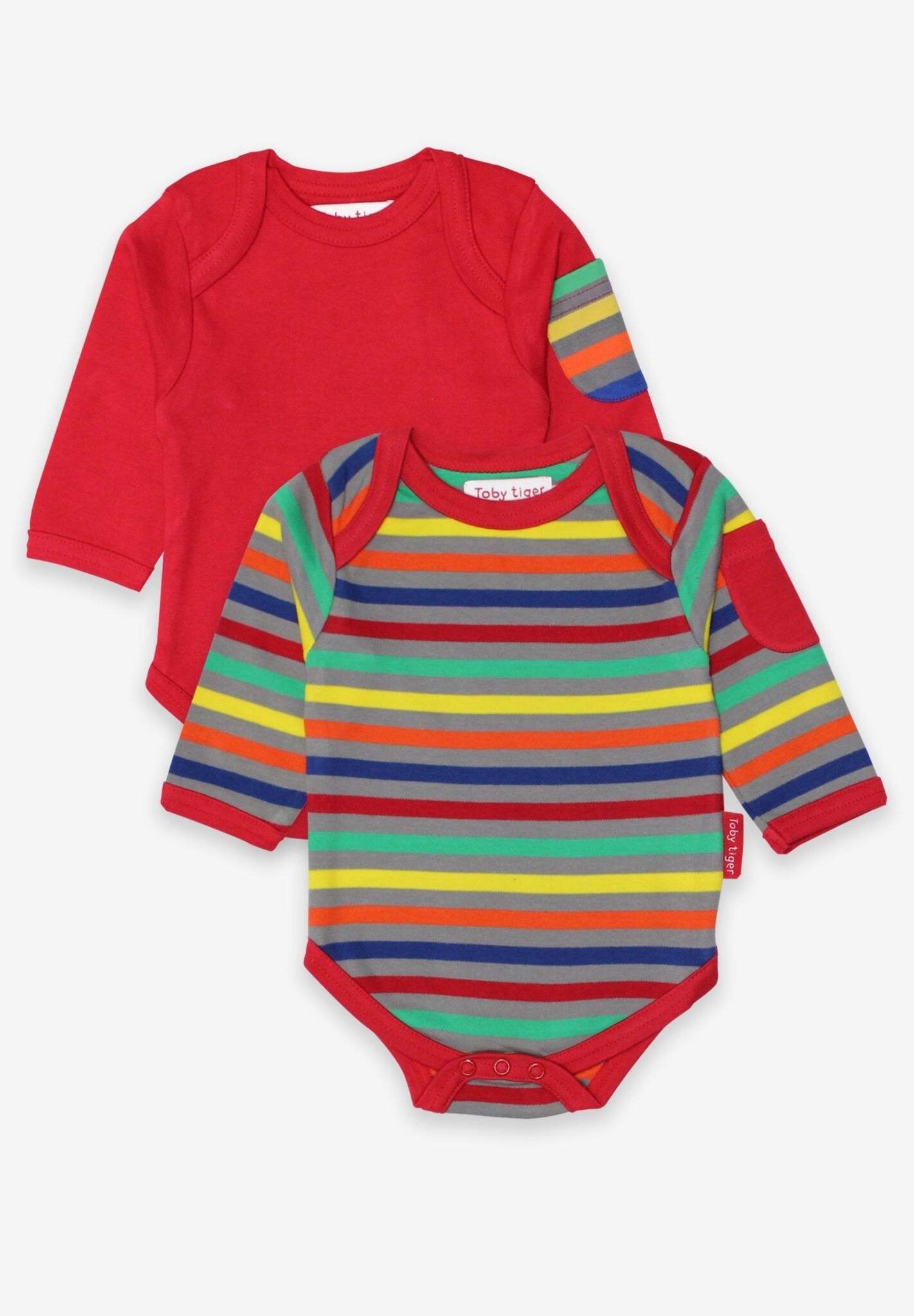 Langarm Baby Bodys in Rot und bunt gestreift aus Bio Baumwolle im Doppelpack - Toby Tiger GmbH