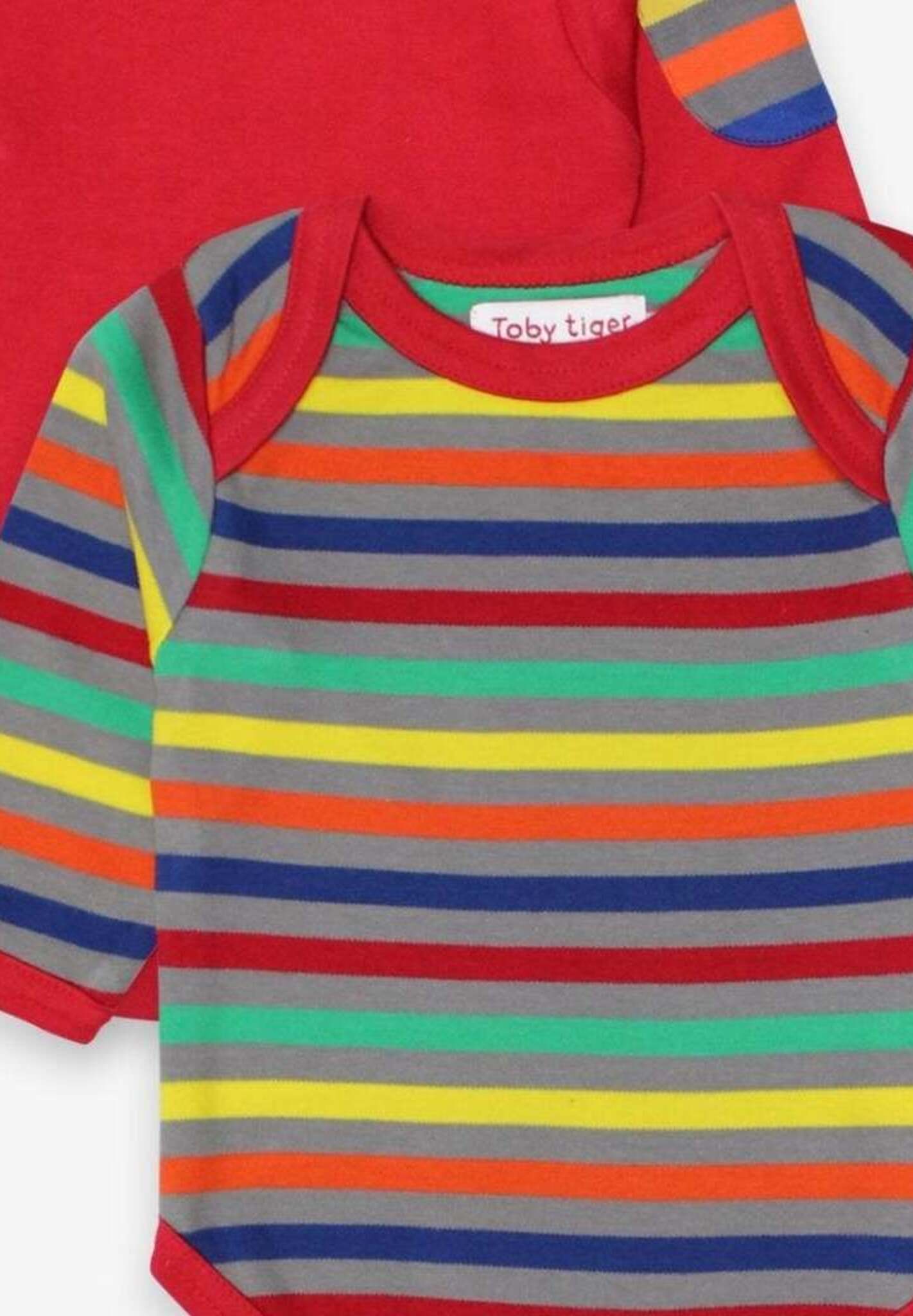 Langarm Baby Bodys in Rot und bunt gestreift aus Bio Baumwolle im Doppelpack - Toby Tiger GmbH