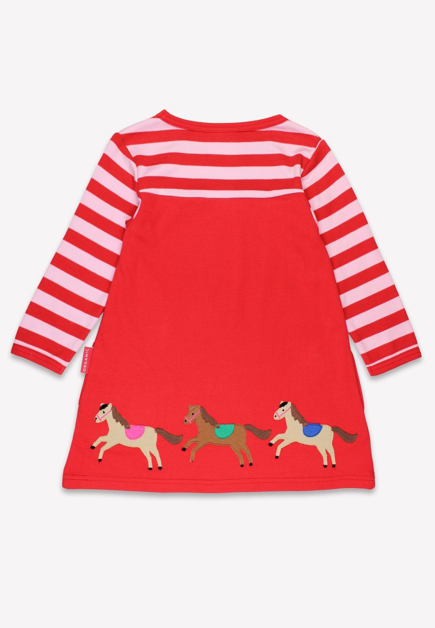 Bio-Baumwoll Kinder Langarm Kleid, Rosa mit Pferde-Applikation