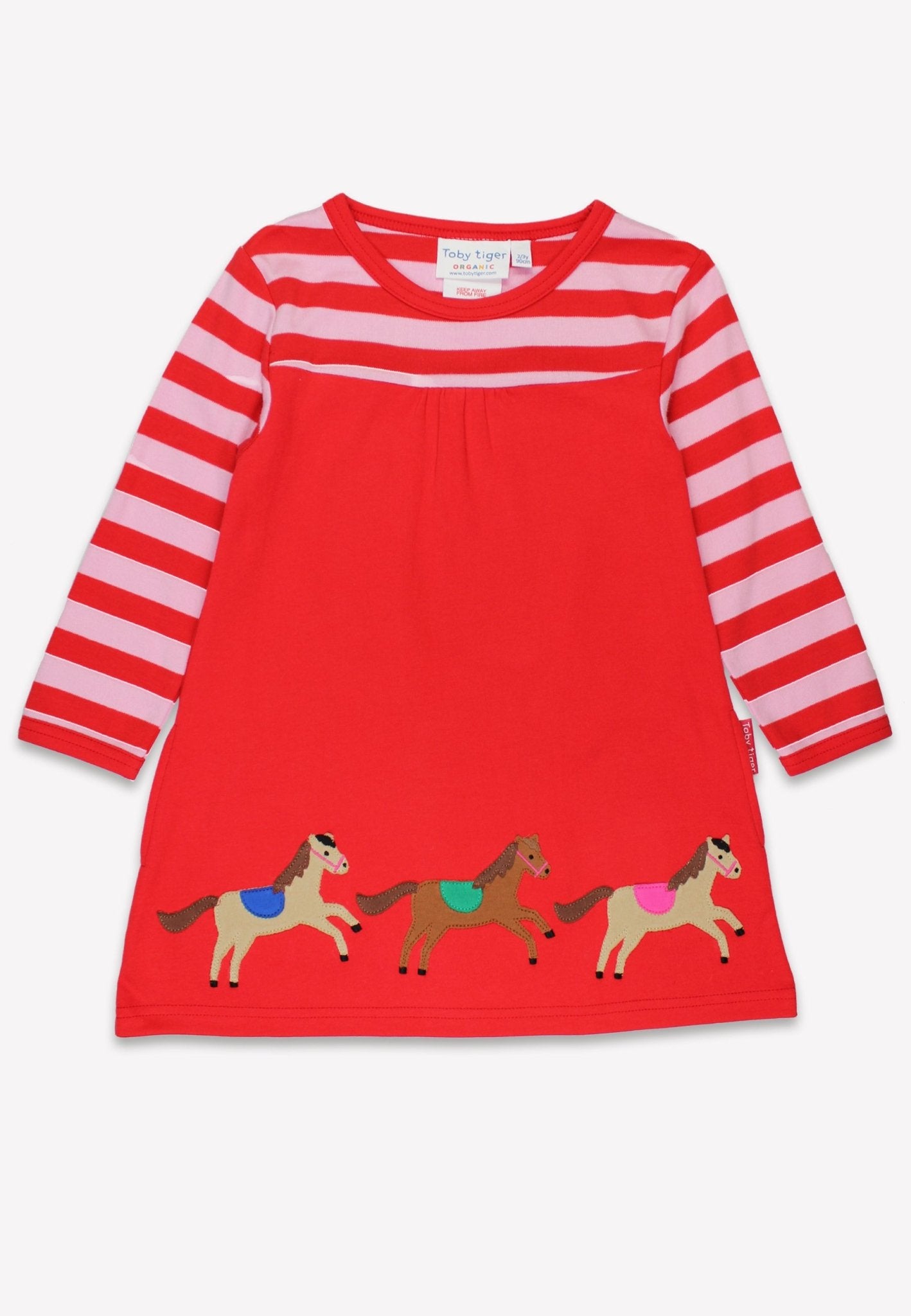 Bio-Baumwoll Kinder Langarm Kleid, Rosa mit Pferde-Applikation