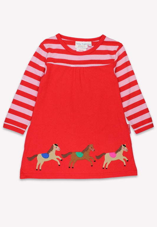 Bio-Baumwoll Kinder Langarm Kleid, Rosa mit Pferde-Applikation