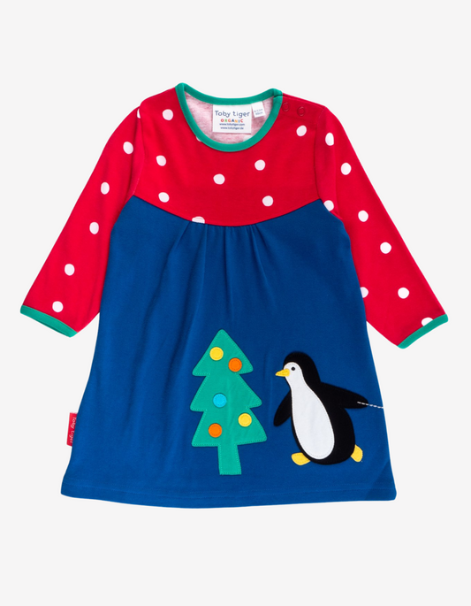 Organic T-shirt dress with Christmas penguin appliqué