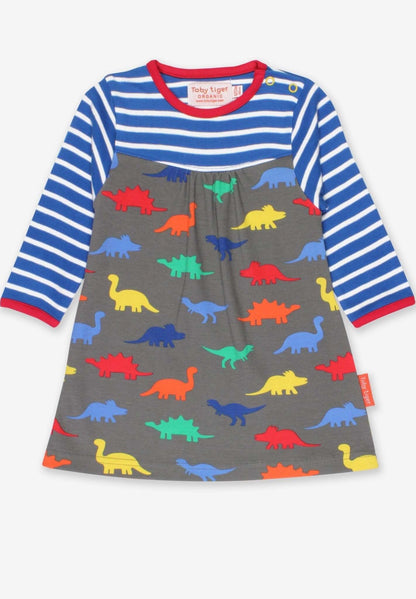 Kleid mit langen Ärmeln und Dino - Print aus Bio Baumwolle, gestreift - Toby Tiger GmbH