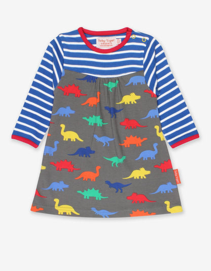 Kleid mit langen Ärmeln und Dino - Print aus Bio Baumwolle, gestreift - Toby Tiger GmbH Retail