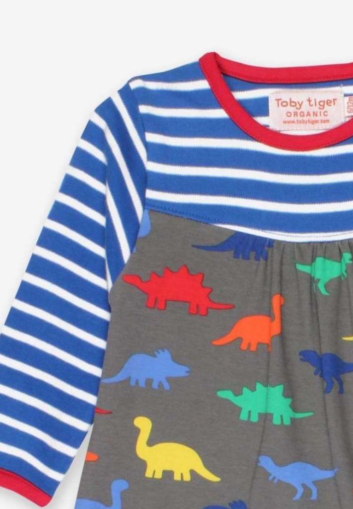 Kleid mit langen Ärmeln und Dino - Print aus Bio Baumwolle, gestreift - Toby Tiger GmbH