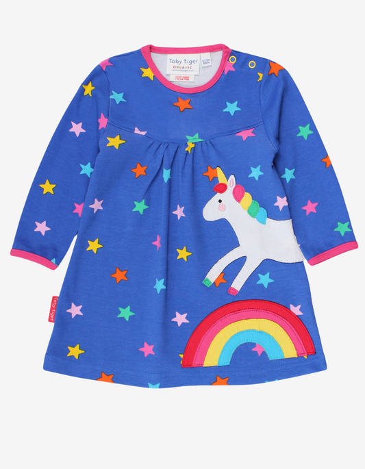 Dress with unicorn and rainbow application made of organic cotton