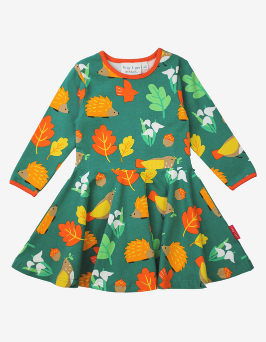 Organic cotton dress with skater cut and autumn motif