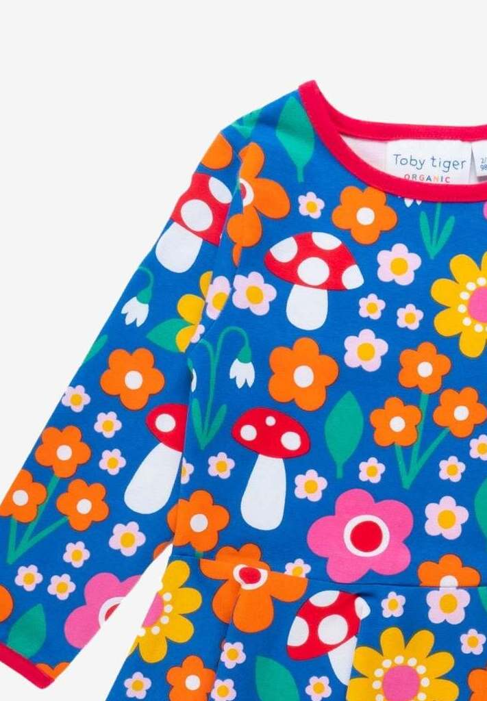 Bio Baumwollkleid im Skater Schnitt mit Blumen Muster und Pilz Applikationen - Toby Tiger GmbH