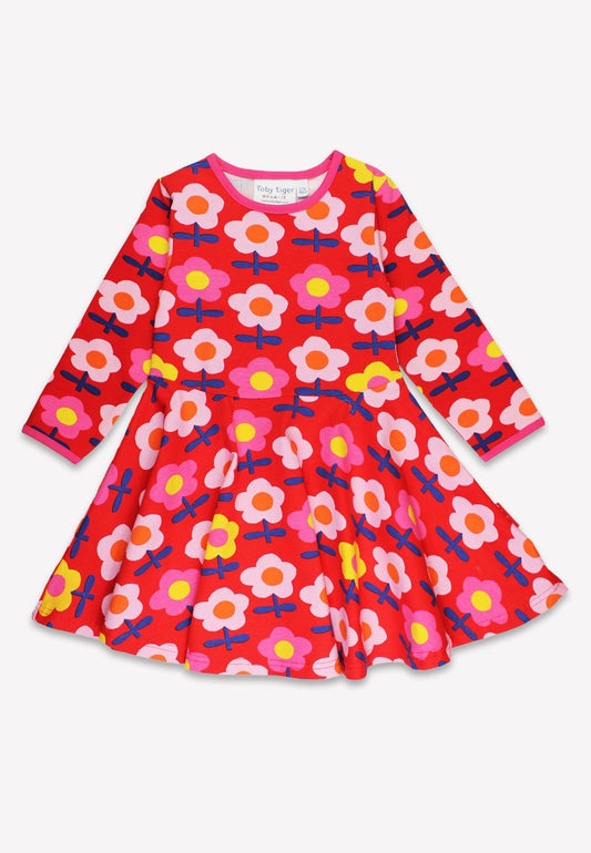 Bio - Baumwoll Kinder Langarm Skaterkleid mit Retro Blumen - Druck - Toby Tiger GmbH