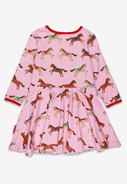 Bio-Baumwoll Kinder Langarm Skaterkleid, Rosa mit Pferde-Druck