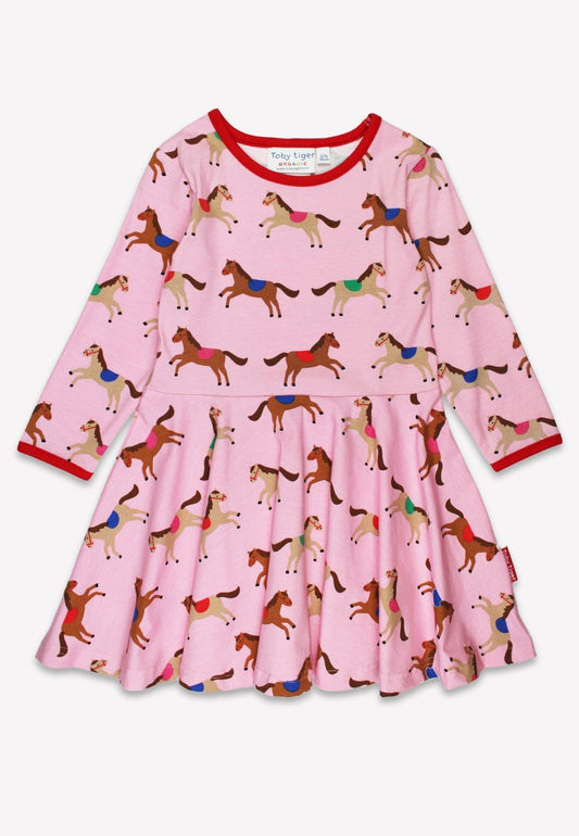 Bio-Baumwoll Kinder Langarm Skaterkleid, Rosa mit Pferde-Druck