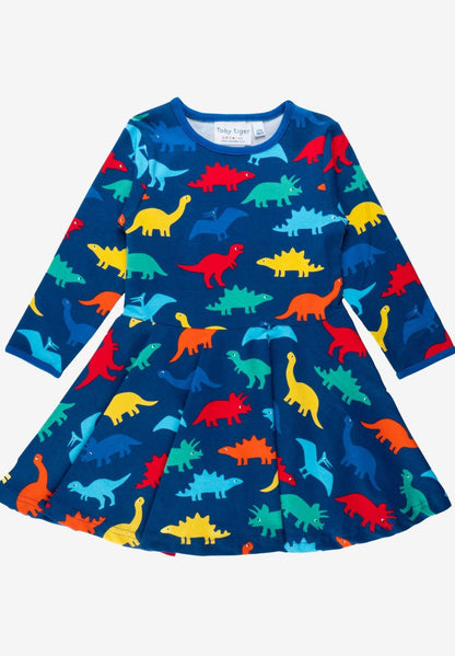 Bio Baumwollkleid mit Skater Schnitt und buntem Regenbogen Dinosaurier Aufdruck - Toby Tiger GmbH