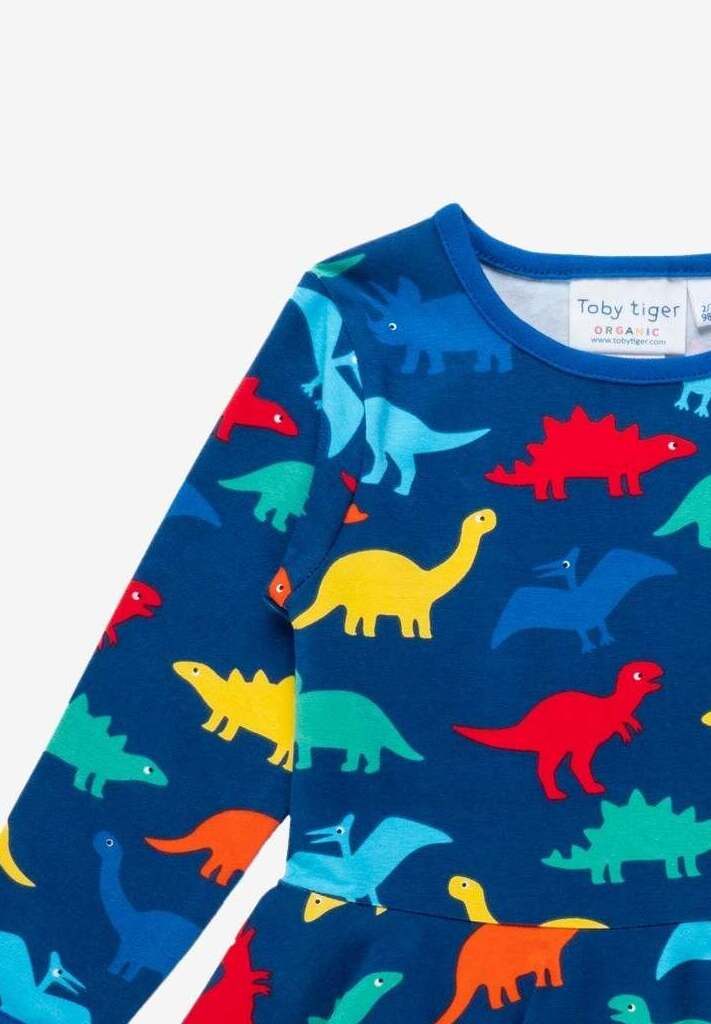 Bio Baumwollkleid mit Skater Schnitt und buntem Regenbogen Dinosaurier Aufdruck - Toby Tiger GmbH