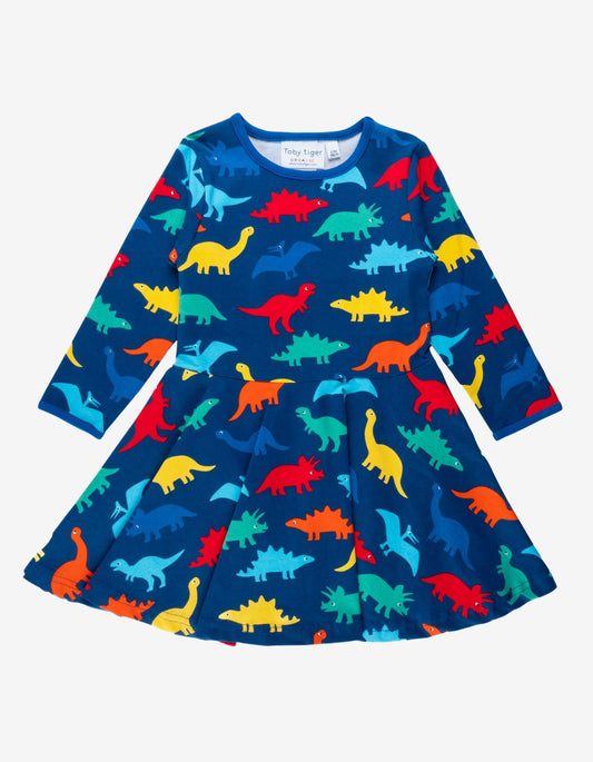 Bio Baumwollkleid mit Skater Schnitt und buntem Regenbogen Dinosaurier Aufdruck - Toby Tiger GmbH Retail