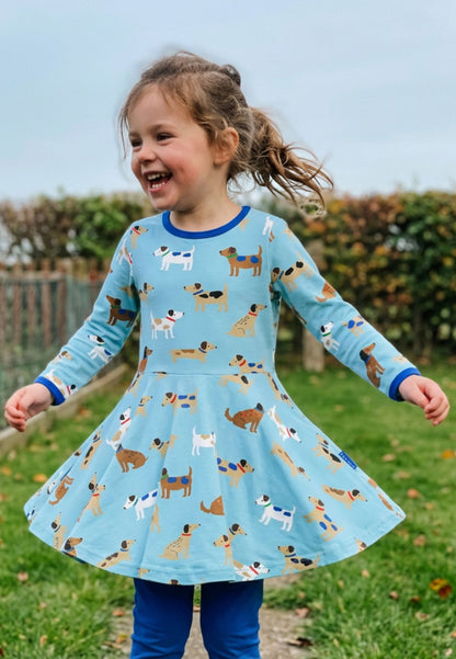 Organic Cotton Kids' Long-Sleeved Skater Dress with Dog Print