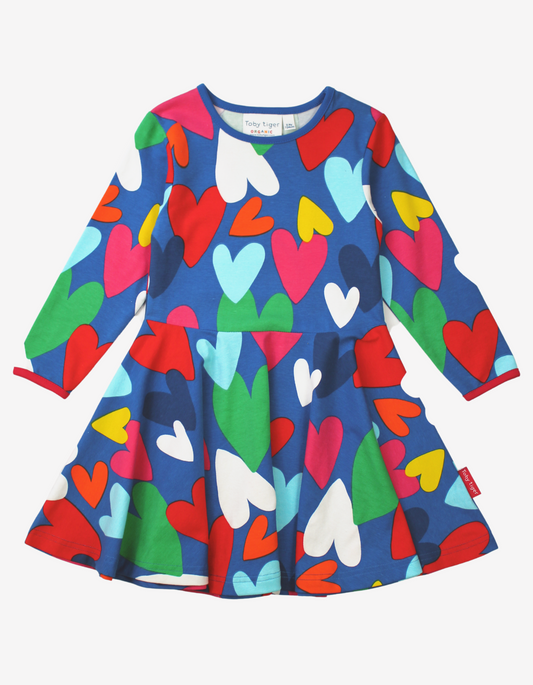 Organic cotton dress with skater cut and heart print