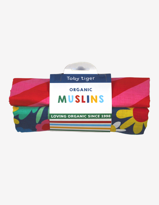 Organic cotton muslin cloths pack of 2 with striking floral pattern