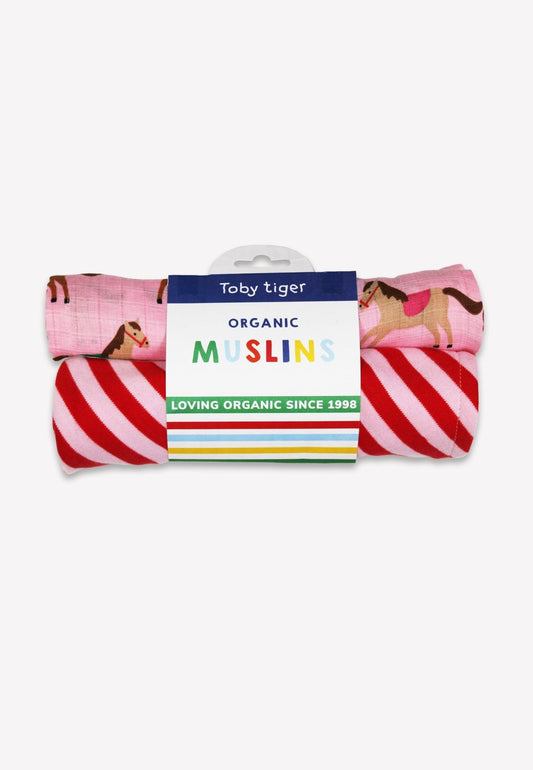 Bio-Baumwoll Baby Musselintücher 2-er Pack, Rosa mit Pferde-Druck