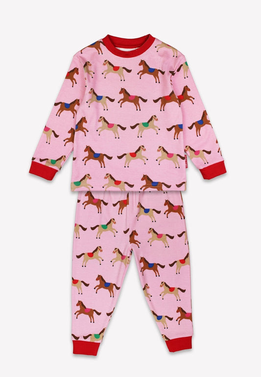 Bio - Baumwoll Kinder Schlafanzug, Rosa mit Pferde - Druck - Toby Tiger GmbH