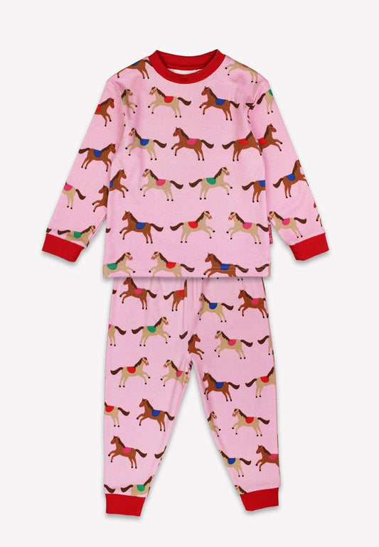 Bio-Baumwoll Kinder Schlafanzug, Rosa mit Pferde-Druck