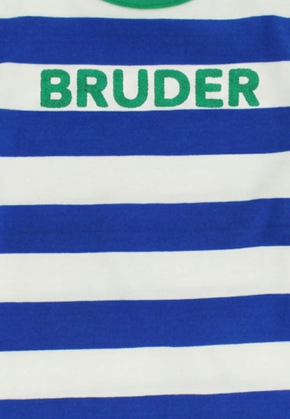 Bio - Baumwoll Baby Schlafanzug einteilig blau - gestreift mit Bruder - Applikation - Toby Tiger GmbH