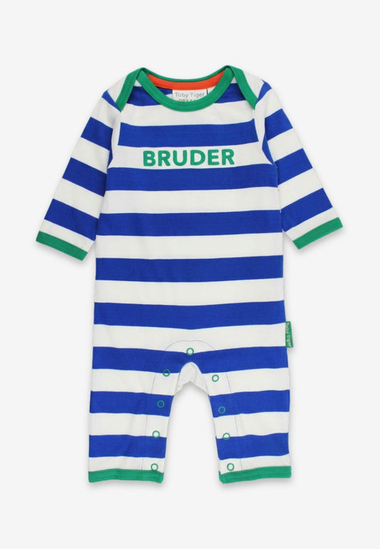 Bio - Baumwoll Baby Schlafanzug einteilig blau - gestreift mit Bruder - Applikation - Toby Tiger GmbH