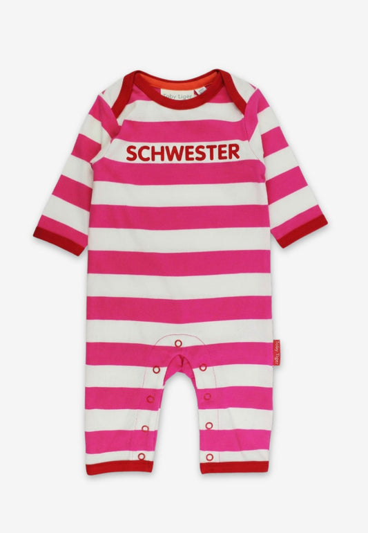 Bio - Baumwoll Baby Schlafanzug einteilig pink - gestreift mit Schwester - Applikation - Toby Tiger GmbH