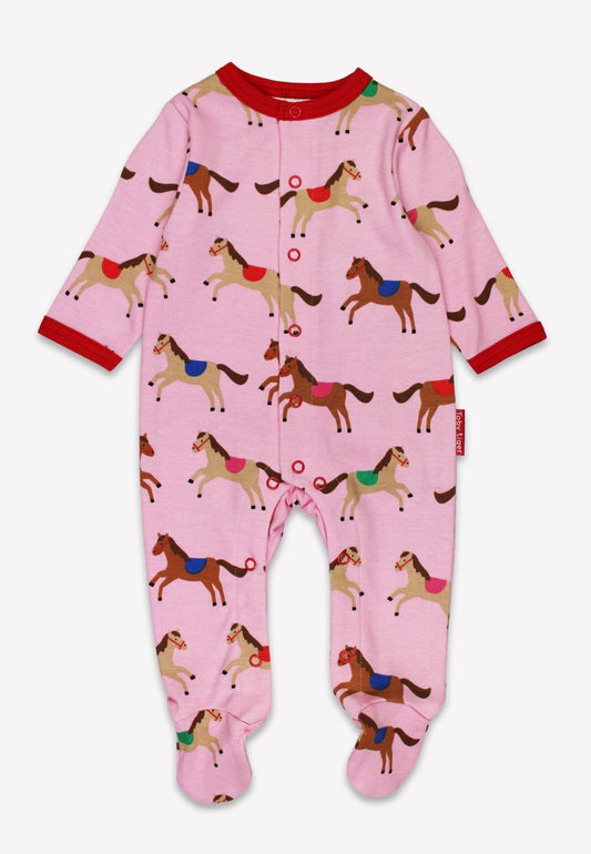 Bio-Baumwoll Baby Strampler, Rosa mit Pferde-Druck