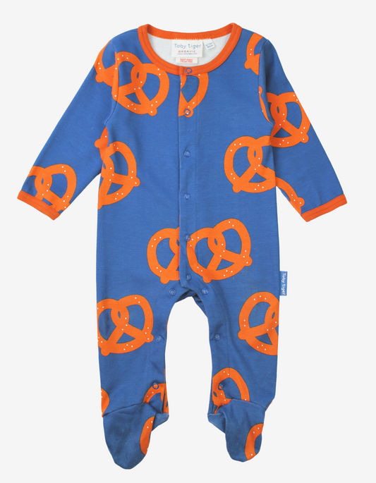 Organic cotton one-piece pajamas with pretzel print