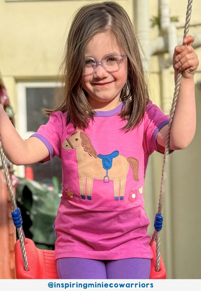 Bio - Baumwoll Kinder Shirt kurzarm mit Pferde und Blumen - Applikation - Toby Tiger GmbH