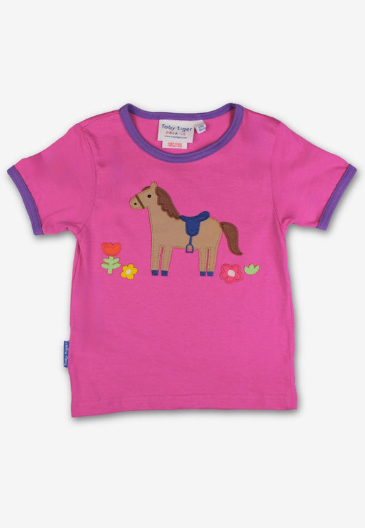 Bio - Baumwoll Kinder Shirt kurzarm mit Pferde und Blumen - Applikation - Toby Tiger GmbH