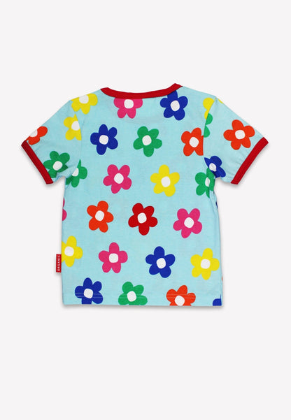 Bio - Baumwoll Kinder Shirt kurzarm mit Regenbogenblumen und Brusttasche mit Hasen - Applikation - Toby Tiger GmbH