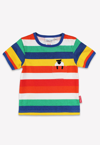 Bio-Baumwoll Kinder Shirt kurzarm mit Regenbogenstreifen und Brusttasche mit Schaf-Applikation