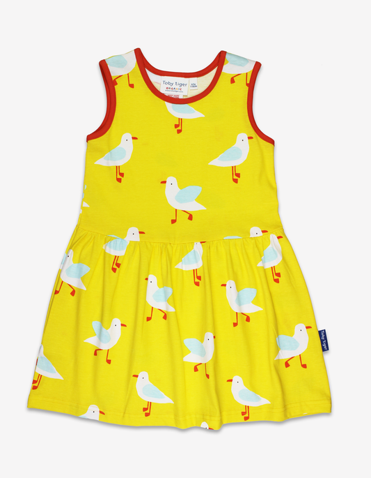Organic cotton summer dress with seagull print in yellow