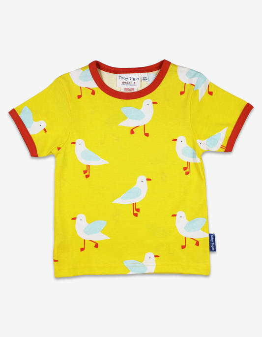 Yellow organic cotton short sleeve shirt with seagull print