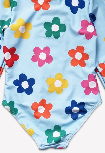 Kinder Badeanzug langarm mit Regenbogenblumen-Druck, UV-Schutz UPF 50+