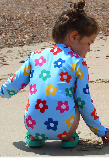 Kinder Badeanzug langarm mit Regenbogenblumen-Druck, UV-Schutz UPF 50+