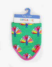 Load image into Gallery viewer, Triangular scarf, bib made from organic cotton with peacock print
