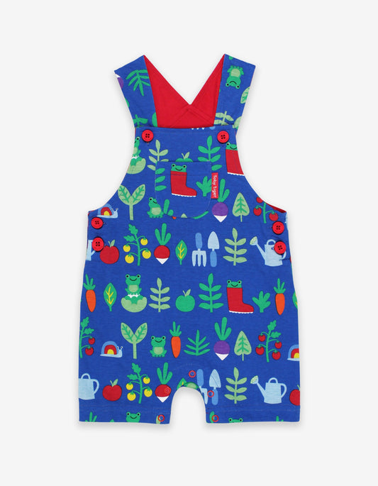 Dungarees, shorts, organic cotton with vegetable garden print