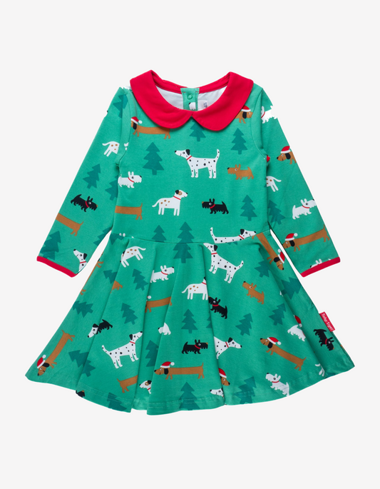 Organic cotton dress with skater cut and "Christmas Dog" application