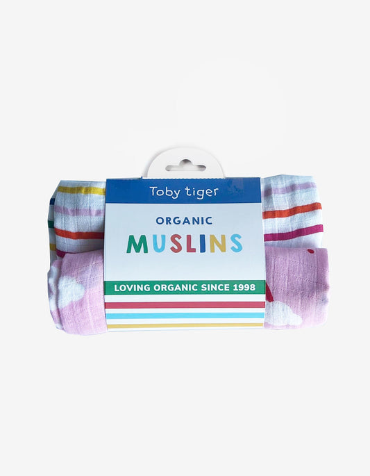 Organic cotton muslin cloth 2 pack with rainbow and dove pattern