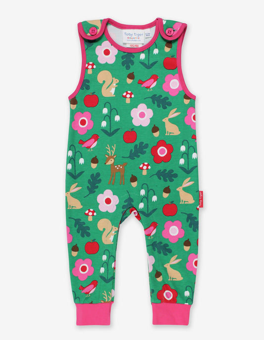 Romper with straps and forest motifs made from organic cotton