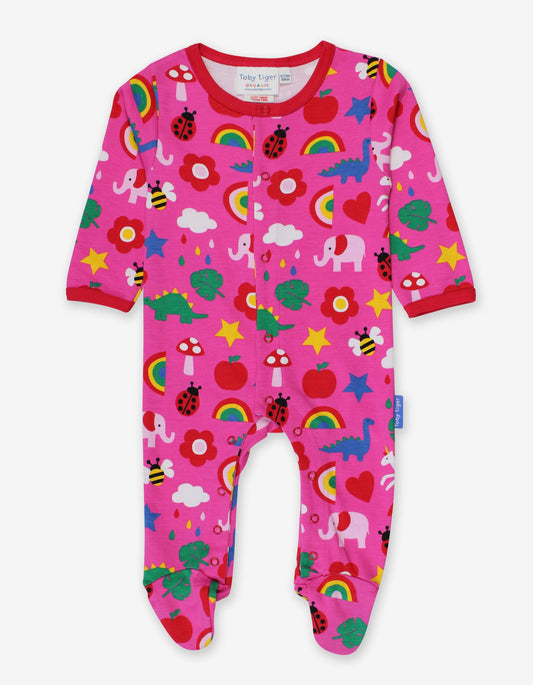 Baby romper pajamas made of organic cotton with closed feet, colorful print