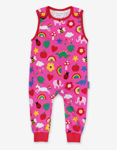 Onesie with straps made from organic cotton with a colorful print