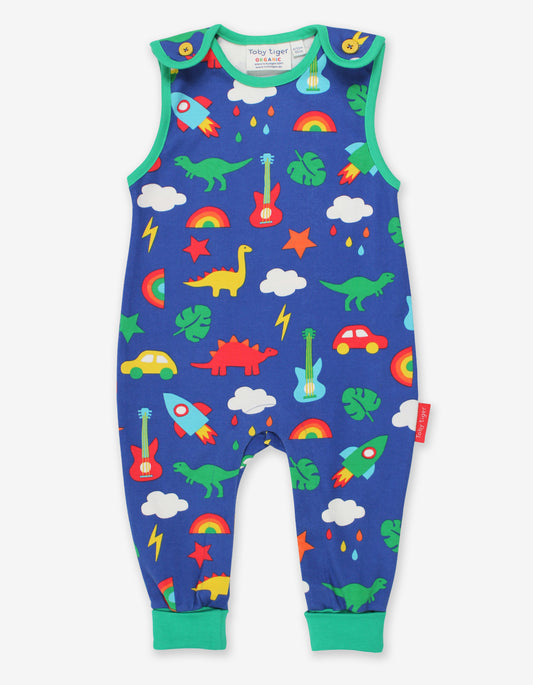 Romper, short-sleeved, made of organic cotton with dinosaur and car print