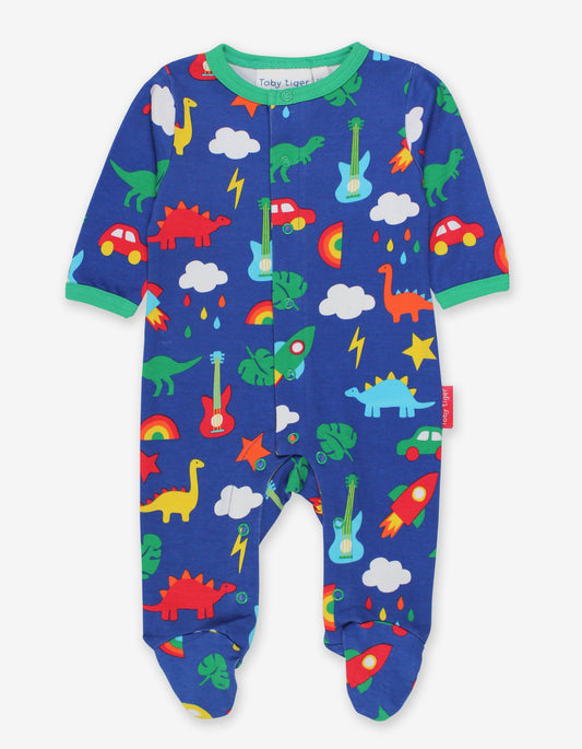 Onesie pajamas with colorful print made from organic cotton, closed feet