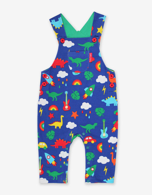 Dungarees made of organic cotton with press studs with dinosaur and car print
