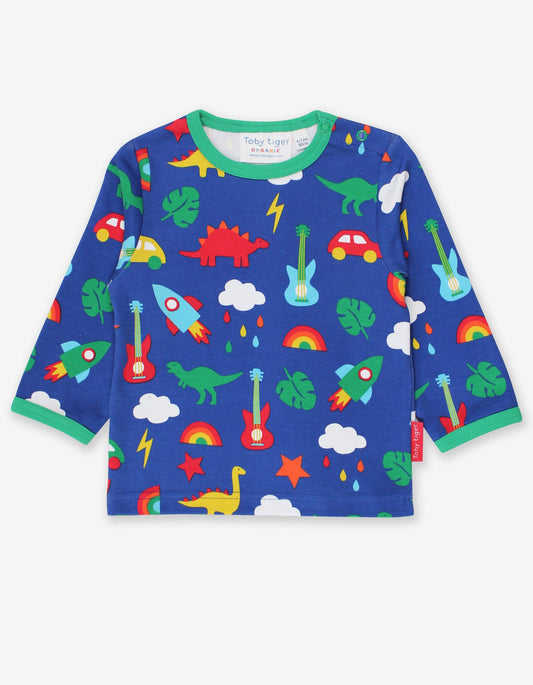 Long-sleeved shirt with a rocket, dinosaur and car print made from organic cotton