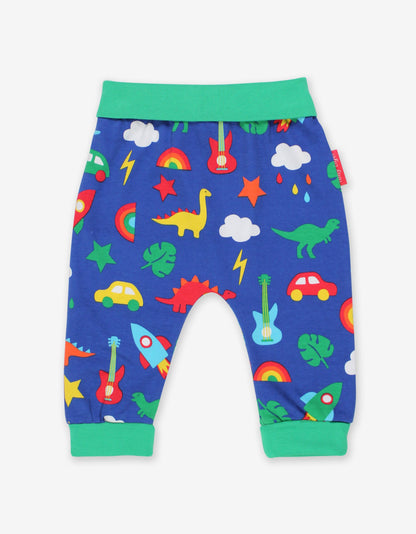 Baby pants made from organic cotton with dinosaur and car print