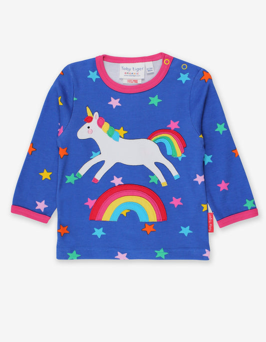 Long-sleeved shirt with unicorn and rainbow appliqué made from organic cotton